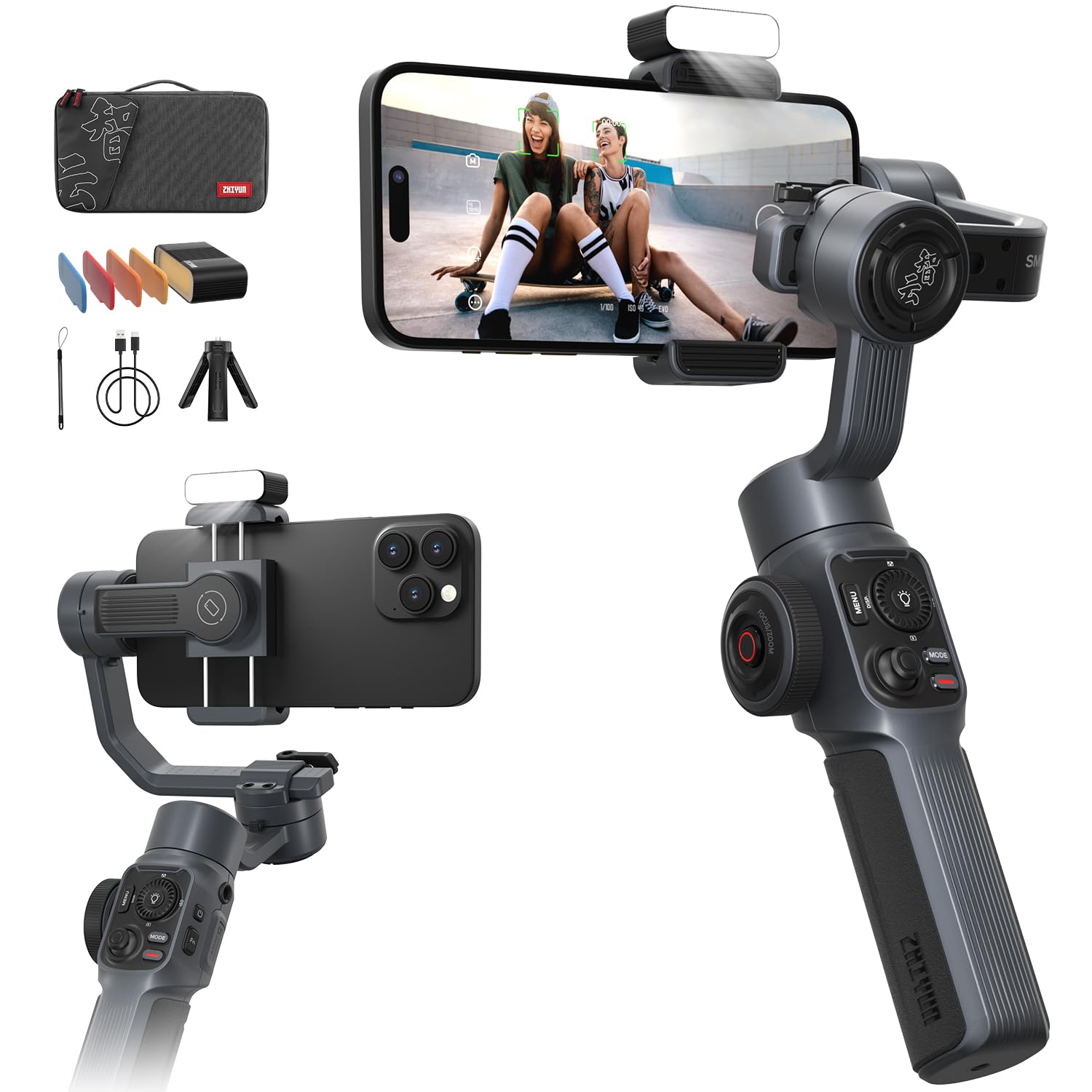 مثبت Zhiyun Smooth 5S AI Pro Gimbal، مثبت ثلاثي المحاور للهواتف الذكية مع متتبع AI، ضوء تعبئة مغناطيسي/مدمج، حقيبة تخزين، مثبت iPhone